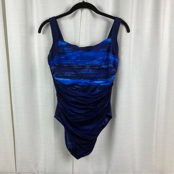Miraclesuit Blue Watercolor Underwire One Piece Swimsuit Sz.12 - Picture 1 of 14
